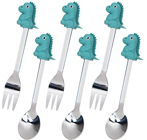 Vorspeisenlöffel und Gabeln, 6 Stück Cocktail Löffel und Gabeln, Dinosaurier, Edelstahl und Silikon Kleine Löffel und Gabeln für Obst, Käse, Vorspeisen