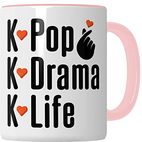 K-Pop - Taza de café para regalo, diseño de broma humor, regalo para los fans de Kpop (blanco y rosa)