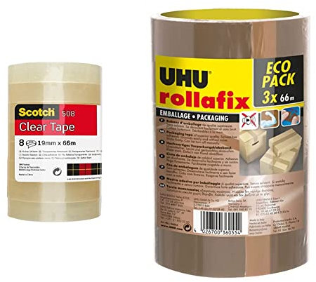 Scotch Ruban Adhésif Transparent 508-8 Rouleaux - 19mm x 66m - Ruban Adhésif Transparent à Usage Général & UHU Rollafix - Rubans adhésif d'emballage brun, Lot de 3 rubans de 66m x 50mm