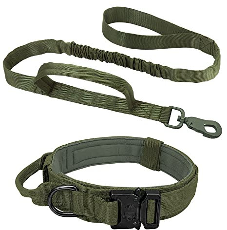 ALLSOPETS Taktisches Hundehalsband mit Leine – Verstellbares Militär-Hundehalsband mit Griff und Metallschnalle, Ideal für mittlere und große Hunde, Training & Outdoor (Grün, M)