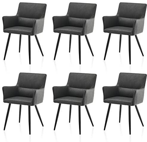 TUKAILAI Esszimmerstühle 6er-Set aus Kunstleder, Küchenstuhl mit Armlehnen, Rückenlehne, Metallbeine, Freizeit Polsterstuhl Wohnzimmer-Sessel für Esszimmer Küche Empfang Modern, Dunkelgrau