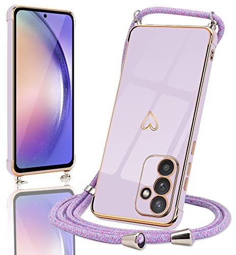Micoden Handykette kompatibel mit Samsung Galaxy A54 5G, Ultra dünn Kameraschutz Herz Love Design Galvanik TPU Silikon Bumper Kordel zum Umhängen Handyhülle mit Band,Lila