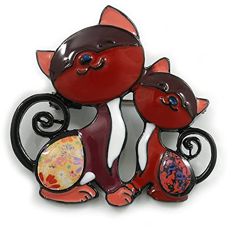 Avalaya Broche en émail multicolore avec deux chats dans les tons noirs – 45 mm de diamètre, taille unique, émail