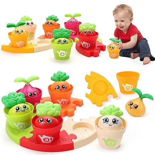 MOONTOY Jeux Montessori 1 an, Ensemble de 18 Pots de Fleurs et de Puzzles, Comptage, Assortiment, Tri des Couleurs et Jouets à Empiler Jouets Éducatifs Cadeaux pour Garçons Filles 1 2 3 Ans