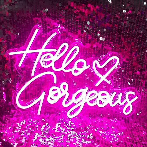 Hello Gorgeous Neon Sign Pink LED Neon Lights for Home Wedding Birthday Backdrop Bacelorette Party Wth Dimmable Switch(5V, 16.5*11)