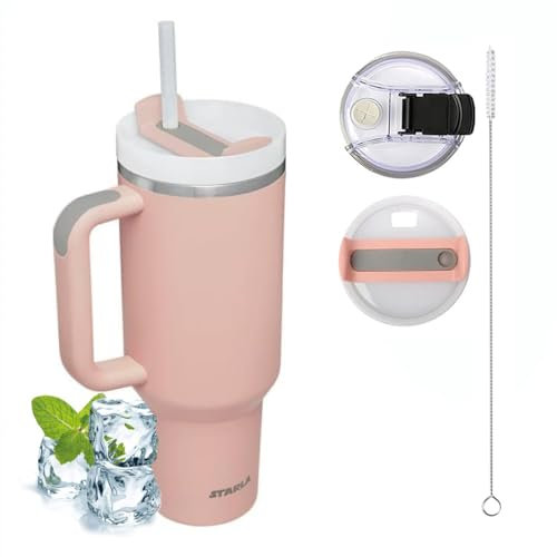 STARLA Mug Isotherme avec paille et poignée, 1,2l grand, 2 couvercles, tasse isotherme étanche, tasse à café à emporter, tasse à eau, tasse à boisson, tasse de voyage, tasse à boire (Rose)