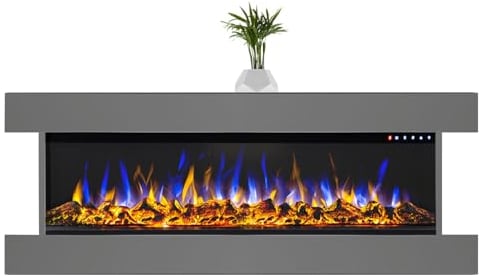 GLOW FIRE Elektrokamin mit Heizung und Kaminfeuer (Wandkamin Clear 36) - elektrischer Kamin mit LED-Feuer in 3 Farben, Heizlüfter, Deko & Fernbedienung - zum Aufhängen an der Wand - 118x53 cm, Grau