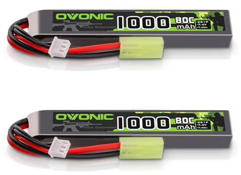 OVONIC 2s Lipo Battery 7.4V 1000mAh 80C with MiniTamiya Plug Lipo Battery for Airsoft Guns (2 Packs) [4.1''D x 0.76''W x 0.46''H]