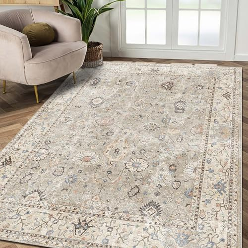 bamyum Monty Bedruckter Teppich Chenille-Druck Maschinell Hergestellt 160 x 230 cm, Waschbarer Wohnzimmer Vintage Teppich Schlafzimmer, Antibakteriell Antirutschunterlage Küchenteppich Beige