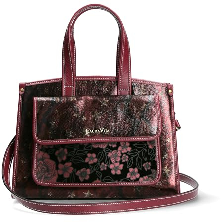 Laura Vita Damen Umhängetasche Shopper Leder Blumen Tier Muster Arlina, Farbe:Rot