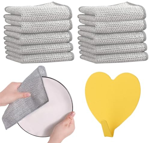 10 PCS Wire Dishwashing Rags with Adhesive Hook,Non Scratch Scourers Reusable Kitchen Cleaning Dish Towels Dish Cloths Wire Dishcloth Multipurpose Wire Dishwashing Rags for Wet and Dry(20x20cm)