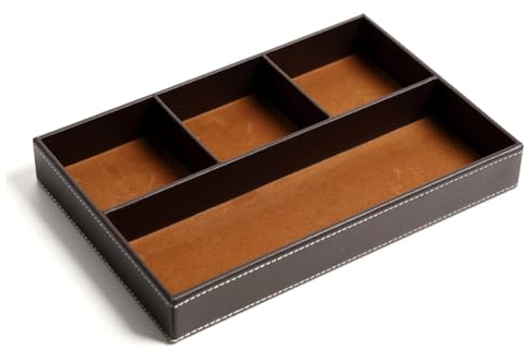 Bandeja de cuero para valet, organizador de escritorio de cuero, bandeja de almacenamiento para mesita de noche, organizador de piel sintética con 4 compartimentos, caja de almacenamiento para llaves