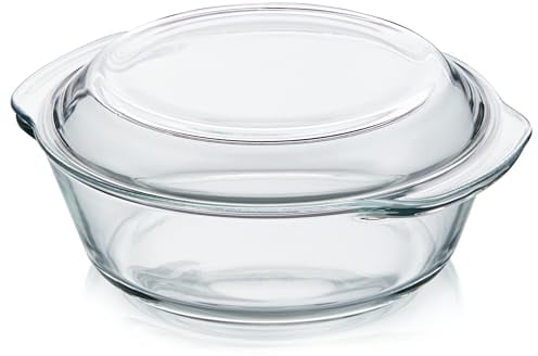 KHG Auflaufformen aus Glas mit Deckel 2,5 Liter Rund für kalte & warme Speisen, spülmaschinenfest, mikrowellengeeignet, Glasbräter Glasform Backform, 29x12x25 cm