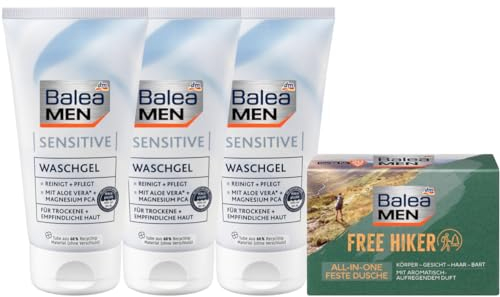 Balea MEN 4er-Set Hautpflege: 3 x Waschgel SENSITIVE sanfte Gesichtsreinigung für trockene, empfindliche Haut (3 x 150 ml) + Festes Duschgel FREE HIKER für Körper, Gesicht, Haar & Bart (100 g), 450 ml