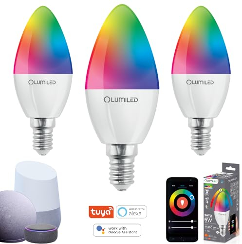 Lumiled 3x Smart SAYO B35 LED Lampe E14 5W (40W) 450lm WLAN Dimmbar Mehrfarbig RGBW Wifi Glühbirne Timer Smart home 16 Mio. Farben App Steuerung kompatibel mit Amazon Alexa Google Assistant Tuya
