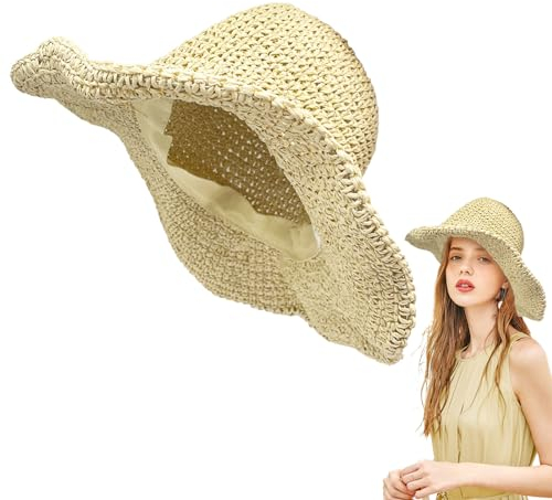 FUIPVGI Sombrero de Paja Sombrero De Playa para Mujer De Verano Plegable, Borde Suave Transpirable Grande Ancho Cap, Señora Trenzado Sombreros De Sol para Viajes Decoración Vacaciones (Beige)