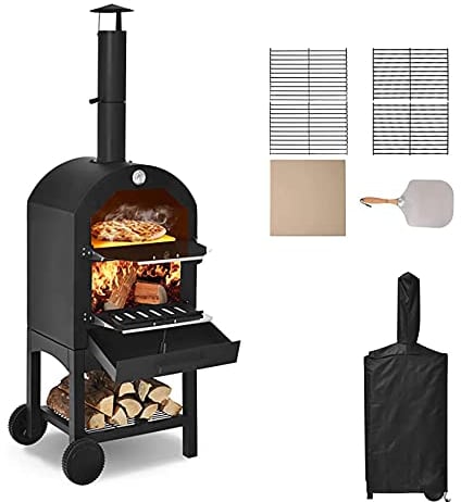 ZJGFCB Fired Outdoor Pizza Oven, Wood Fired Pizza Oven for Outside, Freestanding Steel Oven with 2 Wheels Ideal for Barbecue Camping Backyard Party