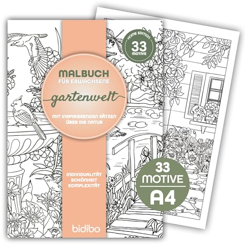 GARTENWELT Malbuch Erwachsene mit 33 Blumen Garten Motive auf extra dicken Ausmalseiten mit Natur Zitate inspirierende Sprüche im bidibo Bestseller-Ausmalbuch für Entspannung Ruhe Stressabbau Alltag