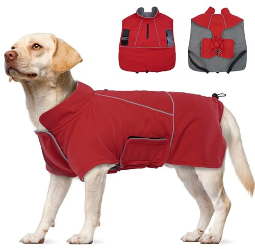 Katzinst Hundemantel Wasserdicht, Warmer Hundejacke für Große Hunde, Hundemantel Fleece, Hundejacke mit Reflektierender Streifen Labrador, Regentag, Cheng Rot 3XL