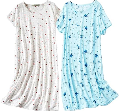 BERDITH 2 Pack Nighties for Women Nightdress Ladies Cotton Blend Nightie Soft Night Dress Womens T Shirt Nightdresses Summer Plus Size Nightwear Sleep & Lounge UK 26-28 white Mum Mummy