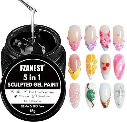 FZANEST No Wipe 3D Sculpted Gel Paint, 5 in 1 Hard Top Coat/Rhinestones Glue/Nail Art Designs Chrome/Fill Gel / 3D Nail Extension Long Lasting High Gloss Mirror Shine Finish Long Lasting