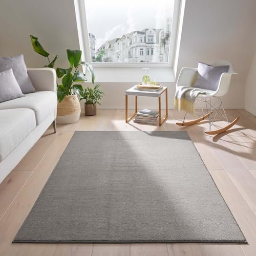 Taracarpet Teppich Kurzflor waschbar sehr weich für Wohnzimmer Esszimmer und Kinderzimmer Flachflor Uni Einfarbig grau 240x340 cm