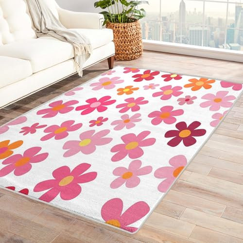 Blumen Teppich Kinderzimmer - Teppich Wohnzimmer Schlafzimmer Rosa Blumen, Kleiner Teppich Kinder Mädchen, Weich Kurzflor & Waschbar & rutschfest Fussmatte Innen, Kinderteppich 50x80 cm