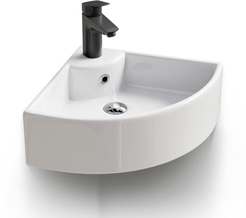 HOROW angle lave main d'angle à bord fin, en céramique, montage mural avec trou pour robinet, lavabo mural pour salle de bain, 46 x 31 cm, petit lavabo suspendu pour toilettes d'invités