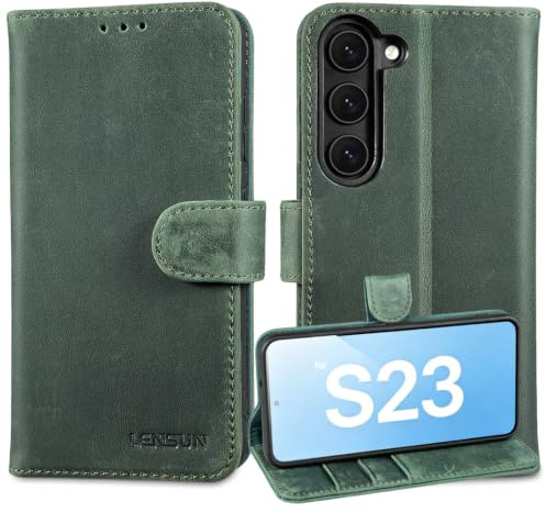 LENSUN Lederhülle für Samsung Galaxy S23, Echtleder Handyhülle [Kartenfach][Klappbar][Echtes Leder] Flip Hülle Handytasche für Galaxy S23 5G - Retro Grün