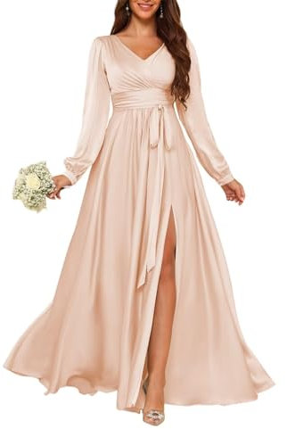 HPPEE Robe de demoiselle d'honneur en satin avec col en V, longue robe de soirée formelle avec fente, rose-gold, 34