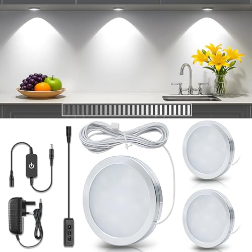 LightingWill LED Under Cabinet Puck Lights 3 Pack, 12V Plug-in Kitchen Lighting Kit, Touch Dimmable Cabinet Lights, 5000K Daylight White Counter & Wardrobe Lighting with Smart Control and Adapter