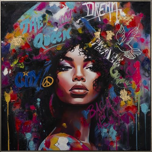 Art Universe XXL Leinwandbild „Street Art Rock Girl“ – 100x100 cm Handveredeltes Giclée auf Echtholzrahmen – Modernes Pop Art Porträt – Unikat inkl. Schattenfugenrahmen