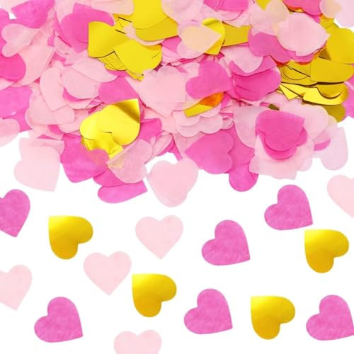 Herz Konfetti Bunt 60g, Confetti Groß 5000+ Stück, 2,5cm Konfetti Groß Geburtstag, Mehrfarbig Herz Streudeko,Papier Confetti für Geburtstag Hochzeit Party Dekoration(Rosa + Gold + Hellrosa)