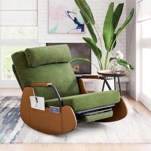 EROMMY Schaukelstuhl mit Klappbarer Rückenlehne,Schaukelsessel mit Kordober Holz,Rocking Chair Schwingsessel für Wohnzimmer,Schlafzimmer,Beige-grün