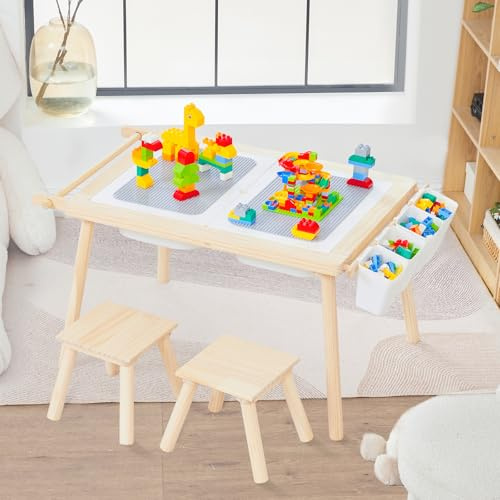 COOKIE BUNNY Kindertisch mit 2 Stühlen Kindersitzgruppe 3+ Jahre Naturholz | Mit Stauraum, Doppelseitiger Tischplatte, Zeichentisch, Basteltisch, Aktivität für Kinderzimmer