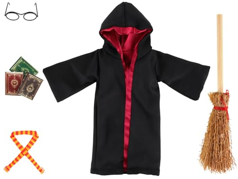 Kaempe Wichtel Zubehör Zauberer Kleidung Miniatur Set für Elf The Puppenhaus Kostüm Kit, Weihnachten Halloween Verkleidungszubehör für Mädchen, inklusive Besen, Miniatur Brille, Schal, Mini Buch