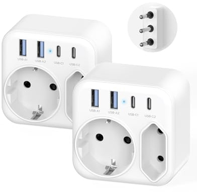 ANVODE 2 Stück Reiseadapter Italien: 2X USB-C, 2X USB-A, 1x Schuko, 1x Euro | Reisestecker Schuko Auf Typ L, passend für Italien Syrien, Uruguay, Chile, Malediven – Hinweis: kein Spannungswandler