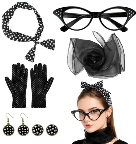 YUEIODDKL 6 Stücke Rockabilly Accessoires Damen, 50er Jahre Zubehör | Retro Accessoires Damen Set, Chiffon Schal Brille Polka Dot Stirnband Ohrringe Handschuhe für Karneval, Cosplay, Party