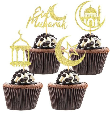 24 Stück Glitzer Umrah Mubarak Cupcake Toppers, Eid Mubarak Cake Toppers, Ramadan Deko Kuchendeko, Islam Deko Tortendeko für Islamische Muslimische Festival Party Dekoration (Gold)