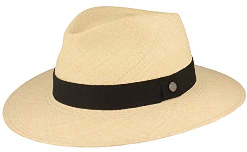 Breiter ORIGINAL Panamahut Strohhut aus Ecuador Lederband Handgeflochten UV-Schutz Bruchschutz Natur Ripsband S 55-56