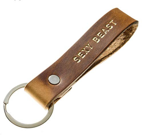 ELBERCRAFT® Schlüsselanhänger Leder SEXY BEAST Geschenk für Frauen oder Männer pflanzlich gegerbt braun mit gravur gold 12 cm made in Germany Leather Keychain