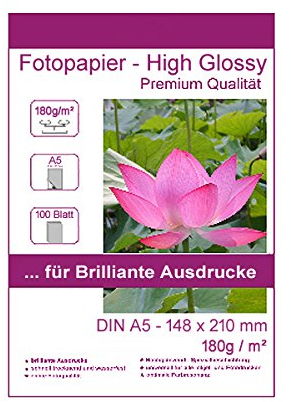 100 Blatt DIN A5-148x210 mm 180g/m² Fotopapier Hglossy wasserfest Photopapier hochglänzend high glossy wasserfest photopaper photo paper glänzend 180g / m² 180g/qm DIN A5-148 x 210 mm 14,8 x 21 cm