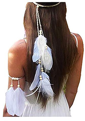 Damen Bohemian Weiß Pfauenfeder Stirnband Kopfschmuck Armband Hippie Kopfbedeckung Tribal Indian Fascinator Feder Haarband Hochzeit Zubehör