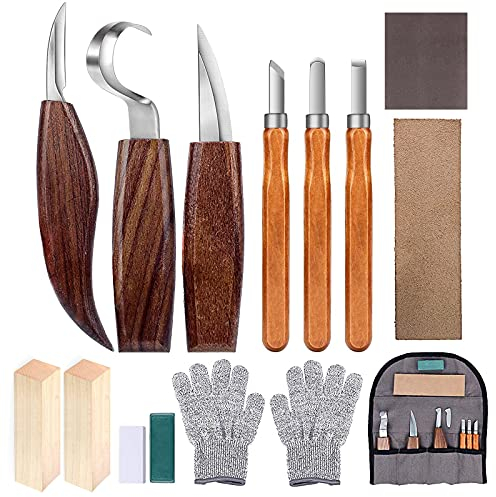 Holz-Schnitzwerkzeug Set, 14 Teiliges Holz Schnitzmesser mit Schleifsteine, Professional Holzschnitzerei Messer Werkzeuge ideales Schnitzmesser-Set für Anfänger und Profis mit Schnittfeste Handschuhe