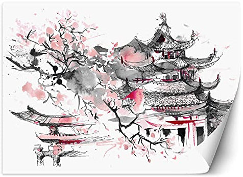 Feeby Papier Peint Intisse Fleur De Cerisier Aquarelle 400x280 cm rose Déco Murale Trompe L' Oeil Tapisserie Moderne Salon Chambrea' Coucherr Salle De Bain Cuisine Japon Pagode