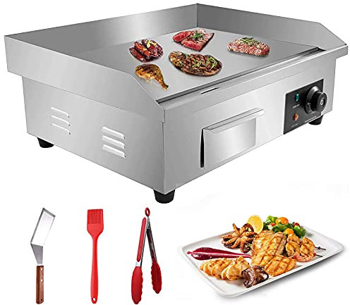 110V 3000W 22 Commercial Electric Countertop Griddle Stainless Steel BBQ Flat Top Grill Hot Plate, Adjustable Thermostatic Control 122°F-572°F, Stainless Steel Restaurant Grill for Kitchen