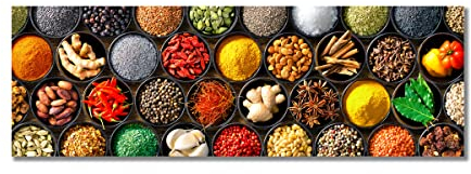 Leinwandbild Spices | Bild auf Leinwand mit Gewürzen | Querformat | Motiv mit Paprika Curry Knoblauch Salz Zimt Pfeffer Mandel | Wanddeko Home Kunstdruck | Küche Esszimmer Wohnzimmer | 30 x 90 cm