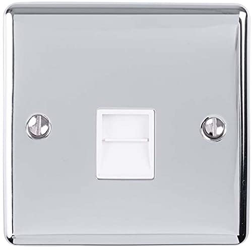 BT Master Single Telephone Socket -Chrome & Grey- PSTN Line Wall Face Plate – Flush or Surface Mounted Phone Plug – 1 Gang Decorative Metal Plate