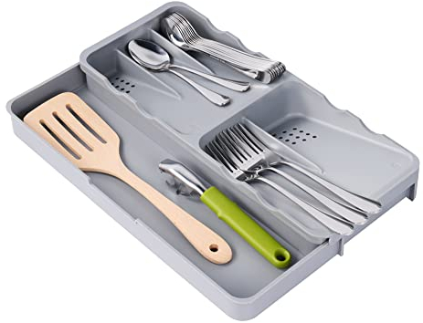 SOMIER Kitchen Drawer Organizer Tray for Forks Spoons Table Knives Block Silverware Drawer Storage Box with Drain Design, Gray Utensil Holder and Cutlery Tray for Flatware
