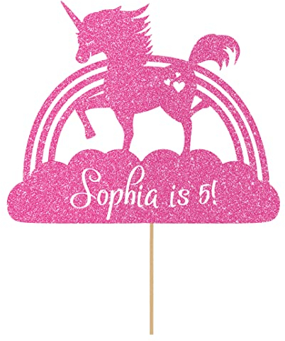 Personalised Unicorn Rainbow Glitter Cake Topper- Light Pink Any Custom Age & Name Glitter Cake Decoration and Sprinkles - Happy Birthday Decorations - Personalised Toppers for Cakes by Cakeshop